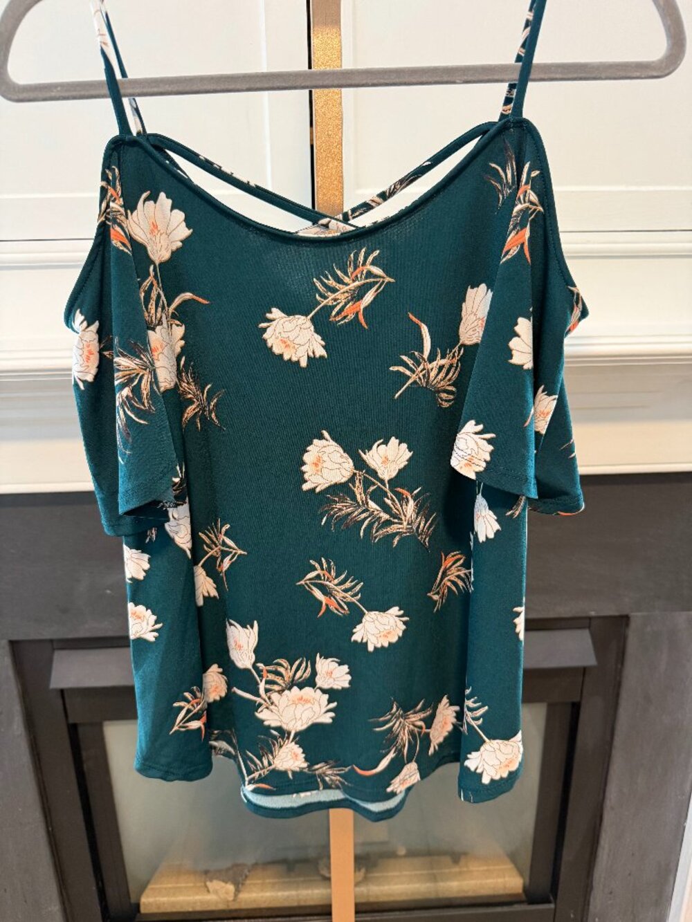 💚🌸 Teal Floral Cold Shoulder Blouse Crisscross Back | Kaileigh | Medi